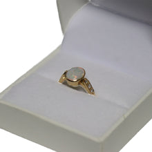 Load image into Gallery viewer, 18ct Rose Gold Oval Rub Set Opal with Diamond Shoulders Ring
