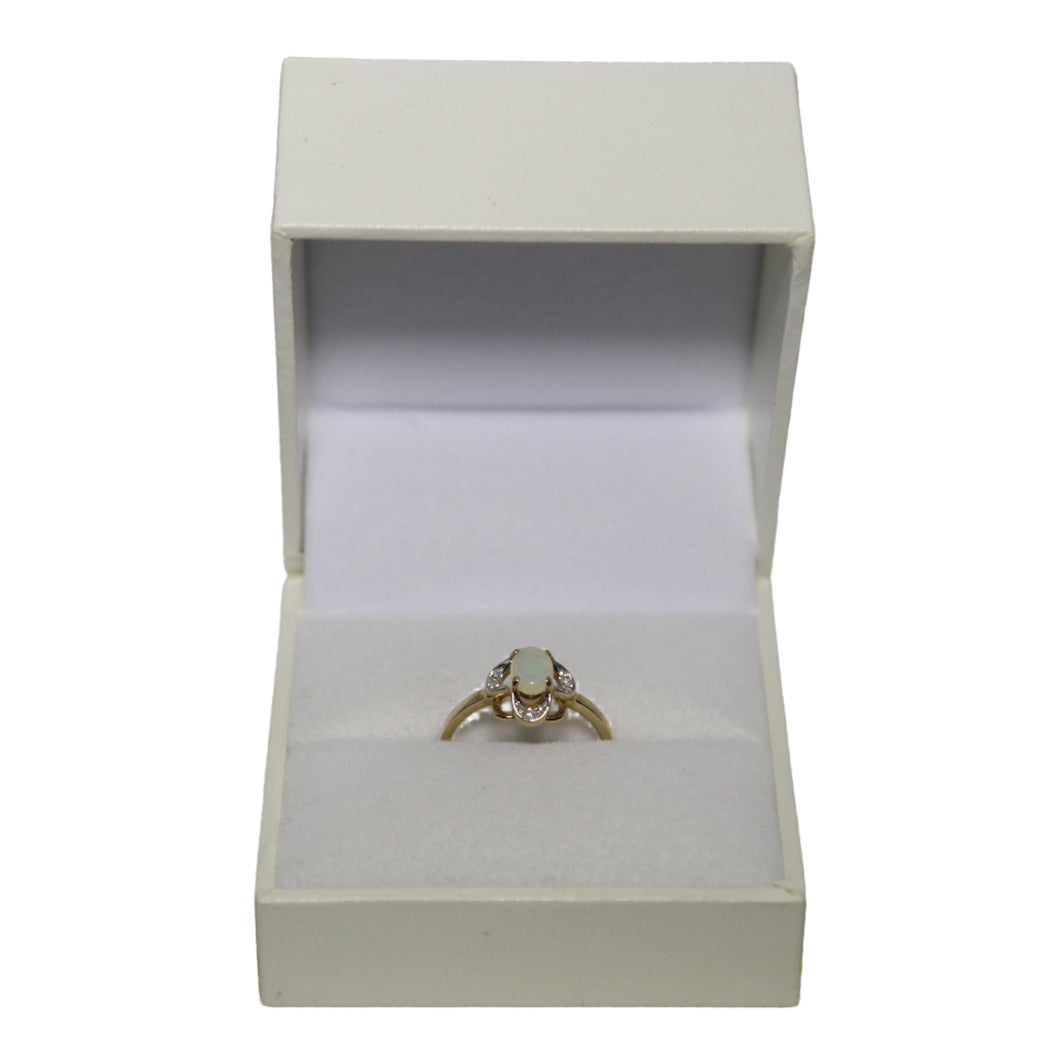 9ct Yellow Gold Opal with Scalloped Surround and Diamonds at Each Compass Point Ring