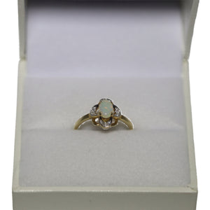 9ct Yellow Gold Opal with Scalloped Surround and Diamonds at Each Compass Point Ring