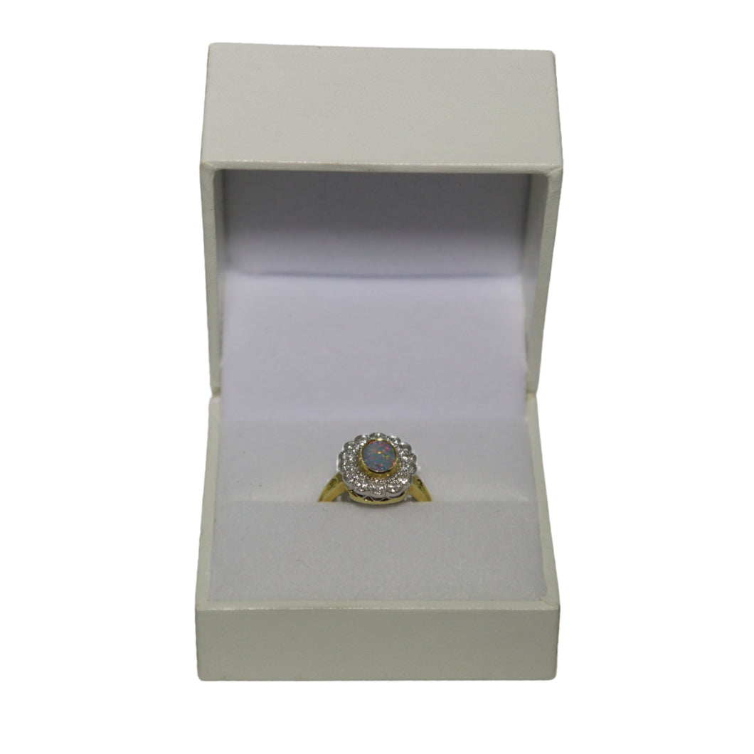 18ct Yellow Gold Opal Doublet and Diamond Millgrain Set Cluster Ring