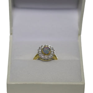 18ct Yellow Gold Opal Doublet and Diamond Millgrain Set Cluster Ring
