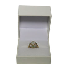 Load image into Gallery viewer, 9ct Yellow Gold Cabochon Millgrain Set Opal with Scalloped Diamond Set Surround and Emeralds at Compass Points Ring
