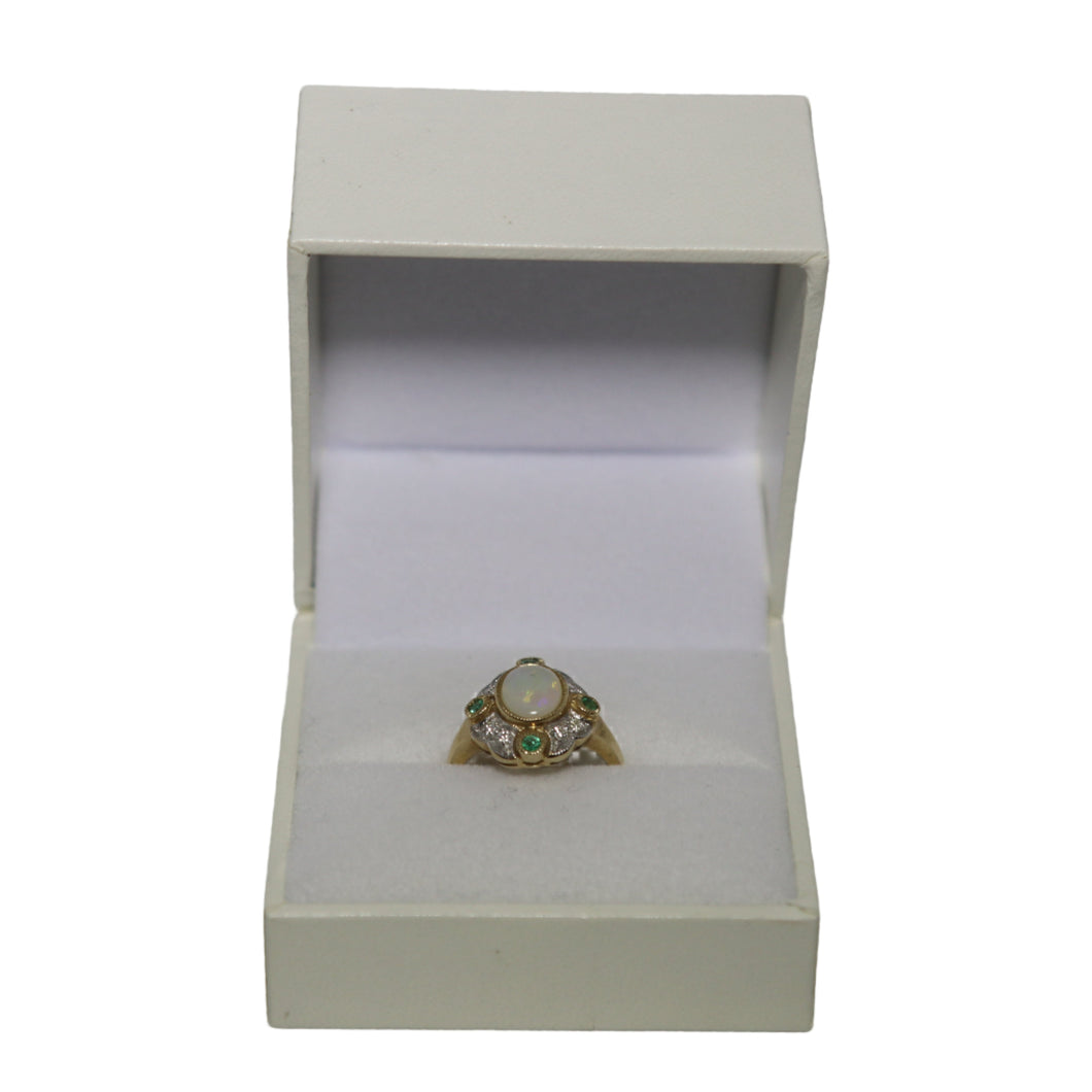 9ct Yellow Gold Cabochon Millgrain Set Opal with Scalloped Diamond Set Surround and Emeralds at Compass Points Ring