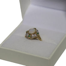 Load image into Gallery viewer, 9ct Yellow Gold Cabochon Millgrain Set Opal with Scalloped Diamond Set Surround and Emeralds at Compass Points Ring
