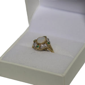 9ct Yellow Gold Cabochon Millgrain Set Opal with Scalloped Diamond Set Surround and Emeralds at Compass Points Ring