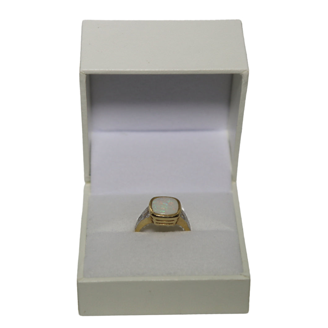 9ct Yellow Gold Rub Set Opal Cushion Doublet with Diamond Shoulders Ring
