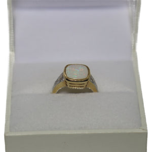 9ct Yellow Gold Rub Set Opal Cushion Doublet with Diamond Shoulders Ring