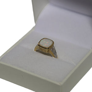 9ct Yellow Gold Rub Set Opal Cushion Doublet with Diamond Shoulders Ring