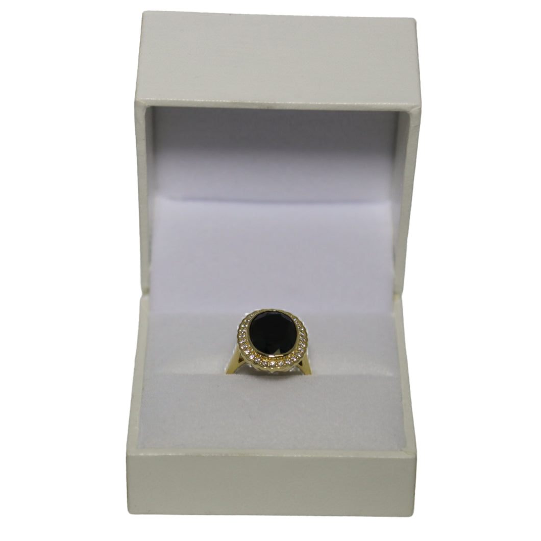 18ct Yellow Gold Oval Black Sapphire and Diamond Cluster Ring