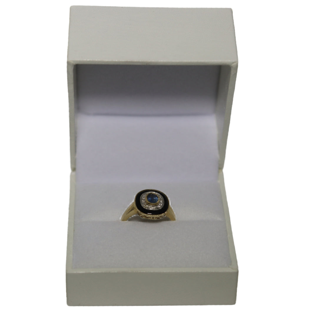 9ct Yellow Gold Millgrain Set Sapphire with Diamond Surround and Onyx Border Target Ring