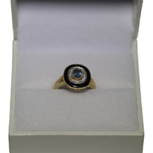 Load image into Gallery viewer, 9ct Yellow Gold Millgrain Set Sapphire with Diamond Surround and Onyx Border Target Ring

