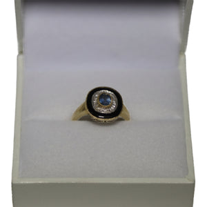 9ct Yellow Gold Millgrain Set Sapphire with Diamond Surround and Onyx Border Target Ring