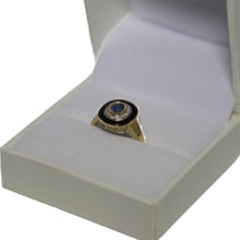 Load image into Gallery viewer, 9ct Yellow Gold Millgrain Set Sapphire with Diamond Surround and Onyx Border Target Ring
