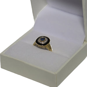9ct Yellow Gold Millgrain Set Sapphire with Diamond Surround and Onyx Border Target Ring