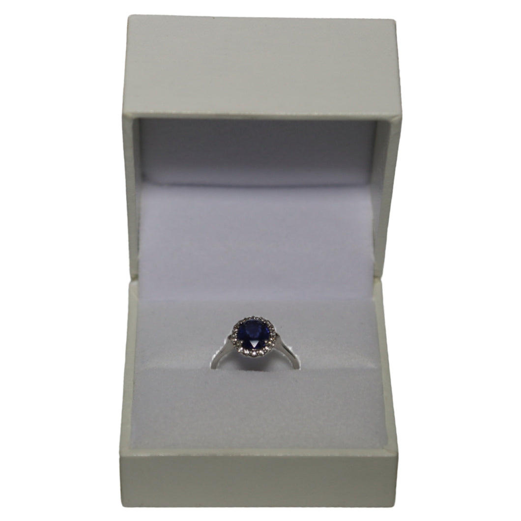 18ct White Gold Oval Blue Sapphire Halo Cluster Ring