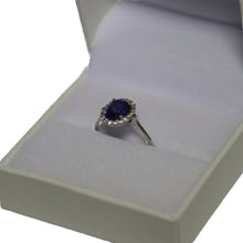 Load image into Gallery viewer, 18ct White Gold Oval Blue Sapphire Halo Cluster Ring
