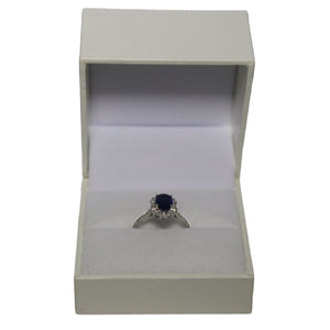 18ct White Gold Oval Sapphire and Diamond Hexagonal Cluster with Diamond Set Shoulders Ring