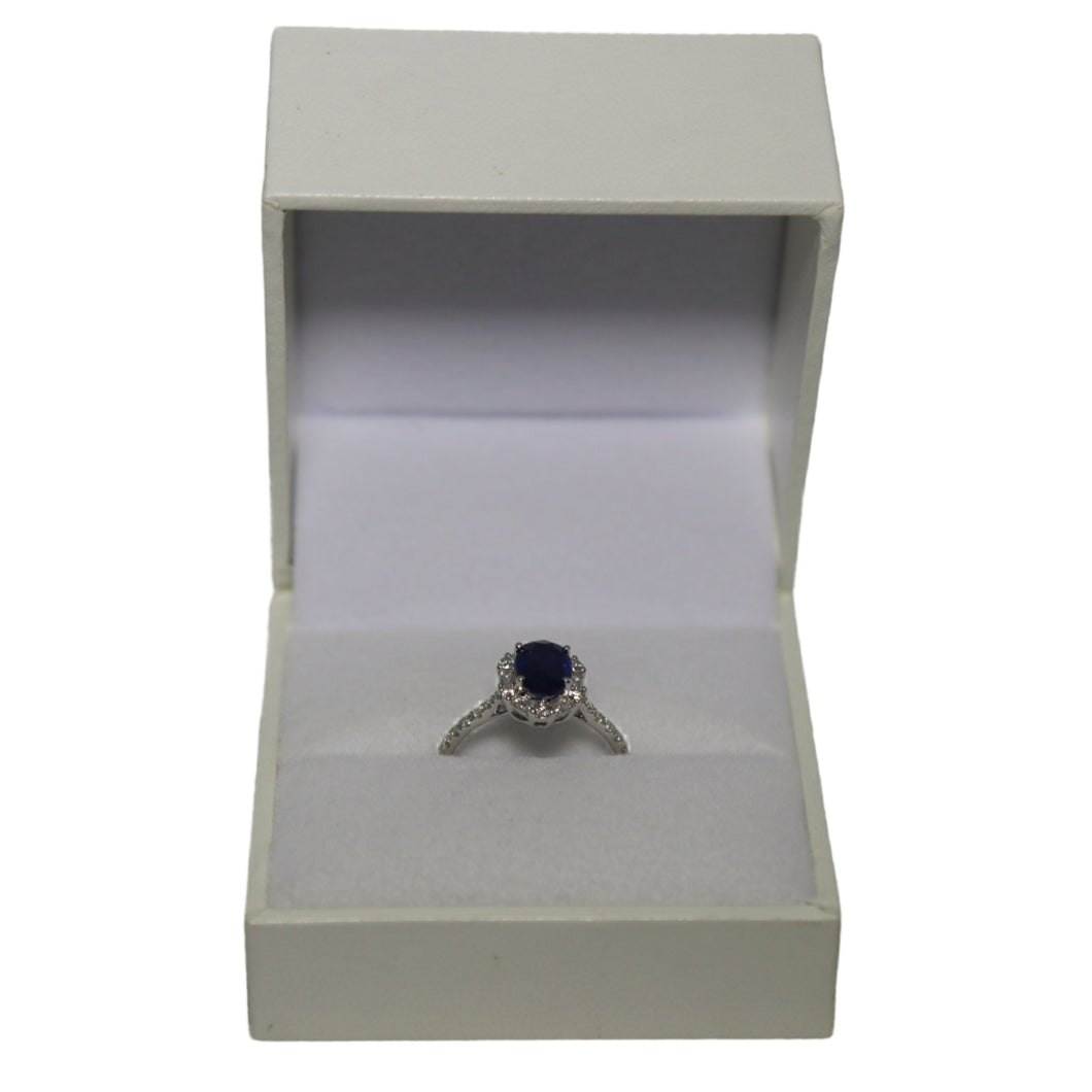 18ct White Gold Oval Sapphire and Diamond Hexagonal Cluster with Diamond Set Shoulders Ring