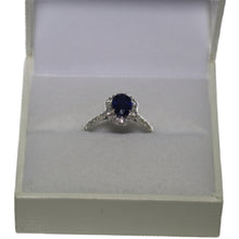 Load image into Gallery viewer, 18ct White Gold Oval Sapphire and Diamond Hexagonal Cluster with Diamond Set Shoulders Ring
