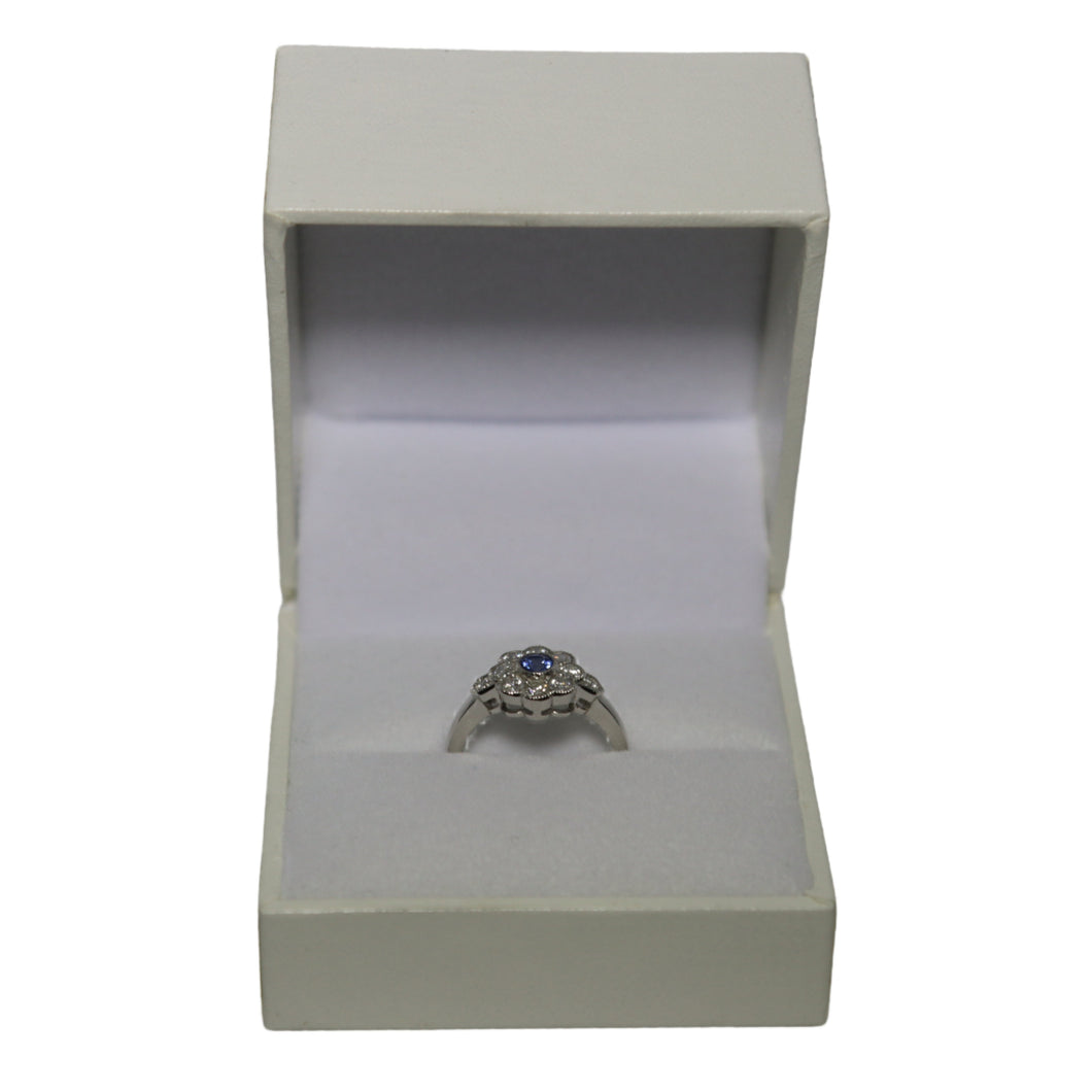Platinum Millgrain Set Sapphire and Diamond Daisy Cluster Ring