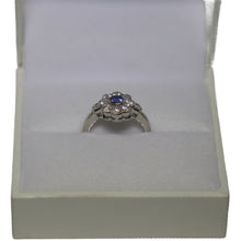 Load image into Gallery viewer, Platinum Millgrain Set Sapphire and Diamond Daisy Cluster Ring
