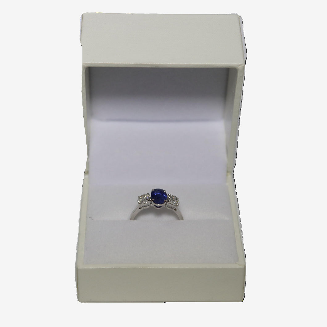 18ct White Gold Oval Blue Sapphire and Brilliant Cut Diamond Trilogy Ring