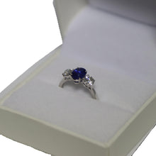 Load image into Gallery viewer, 18ct White Gold Oval Blue Sapphire and Brilliant Cut Diamond Trilogy Ring
