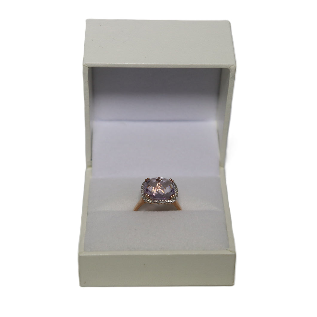 9ct Rose Gold Cushion Cut Faceted Pink Amethyst and Diamond Cluster Ring