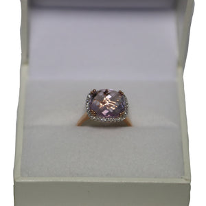 9ct Rose Gold Cushion Cut Faceted Pink Amethyst and Diamond Cluster Ring