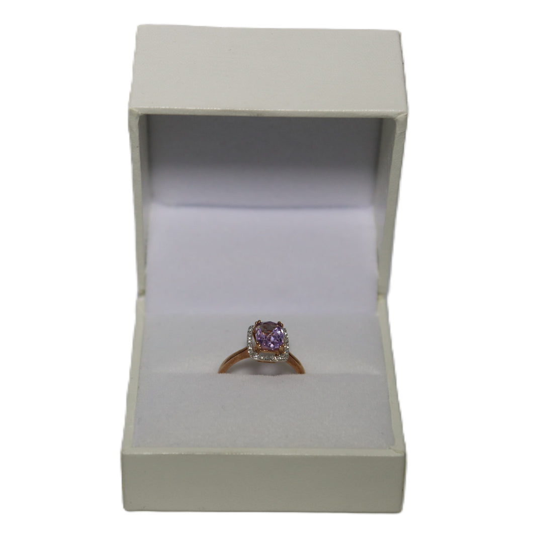 9ct Rose Gold Central Faceted Pink Amethyst and Diamond Halo Cluster Ring