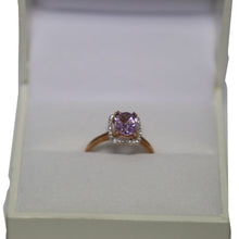 Load image into Gallery viewer, 9ct Rose Gold Central Faceted Pink Amethyst and Diamond Halo Cluster Ring
