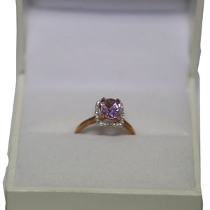 9ct Rose Gold Central Faceted Pink Amethyst and Diamond Halo Cluster Ring