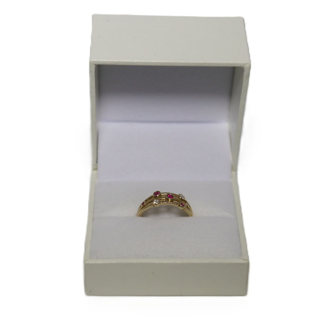 9ct Yellow Gold 3 Band Ruby and Diamond Bubble Ring