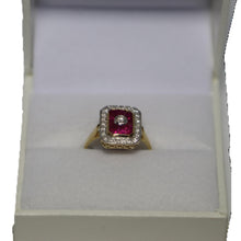 Load image into Gallery viewer, 9ct Yellow Gold Central Diamond Channel Set Tapered Rubies in Rectangle Set Pave Set Diamond Border Art Deco Cluster Ring
