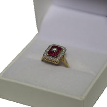 Load image into Gallery viewer, 9ct Yellow Gold Central Diamond Channel Set Tapered Rubies in Rectangle Set Pave Set Diamond Border Art Deco Cluster Ring
