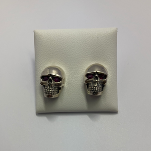 Sterling Silver Skull With Red CZ Eyes Stud Earrings