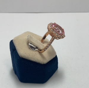 18ct Rose Gold Oval Morganite and Diamond Border and Shoulder Ring
