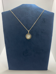 9ct Yellow Gold Mother of Pearl Disc Pendant on 16” Curb