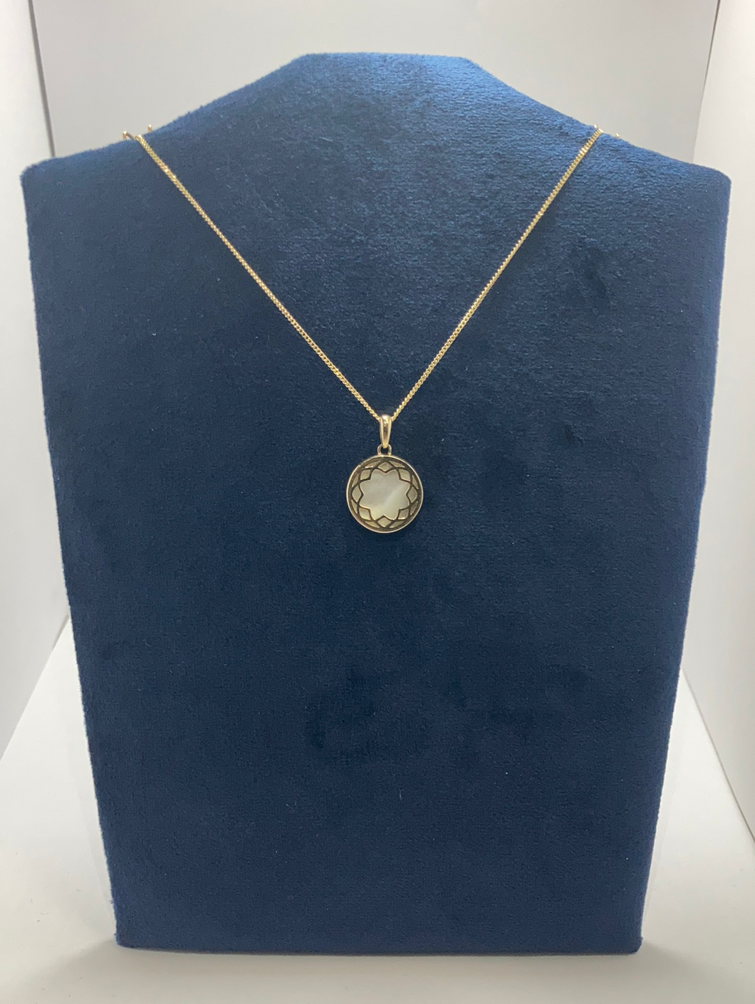 9ct Yellow Gold Mother of Pearl Disc Pendant on 16” Curb