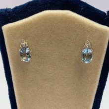 Load image into Gallery viewer, 18ct White Gold Claw Set Oval Aquamarine From Diamond Trefoil Stud Earrings
