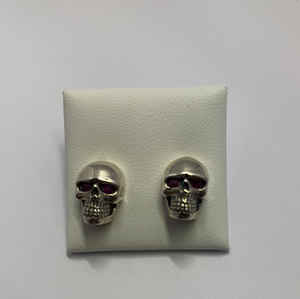 Sterling Silver Skull With Red CZ Eyes Stud Earrings