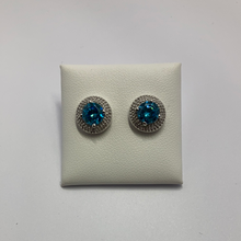 Load image into Gallery viewer, Silver Claw Set Brilliant Cut Turquoise CZ Triple Millgrain Stud Earrings
