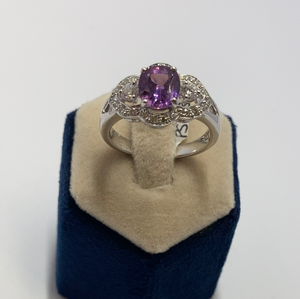 18ct White Gold Claw Set Oval Dark Pink Sapphire And Diamond Ring