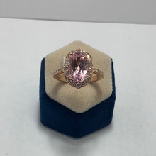 Load image into Gallery viewer, 18ct Rose Gold Oval Morganite and Diamond Border and Shoulder Ring
