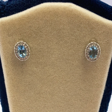 Load image into Gallery viewer, 18ct White Gold Claw Set Oval Aquamarine And Diamond Cluster Stud Earrings
