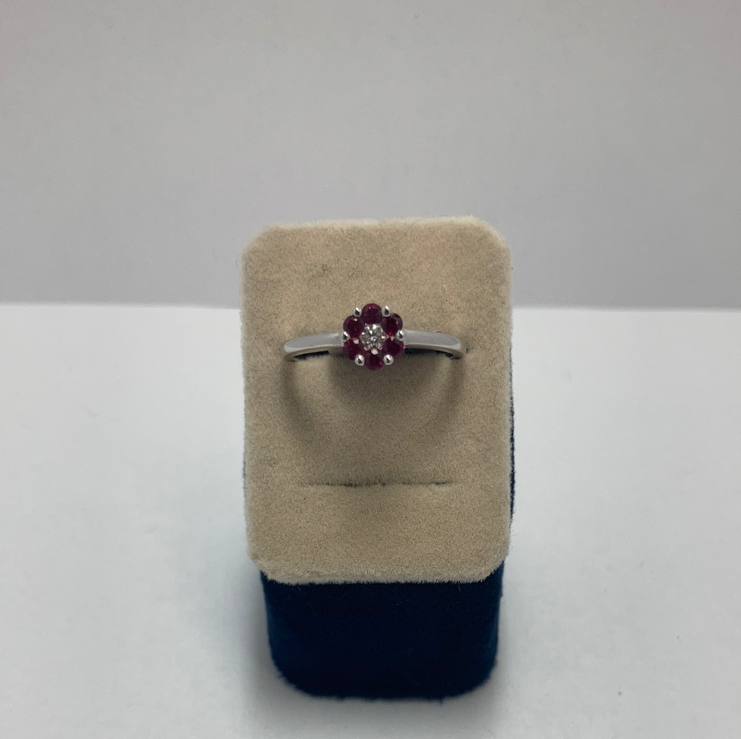 18ct White Gold Diamond and Ruby Flower Cluster Ring